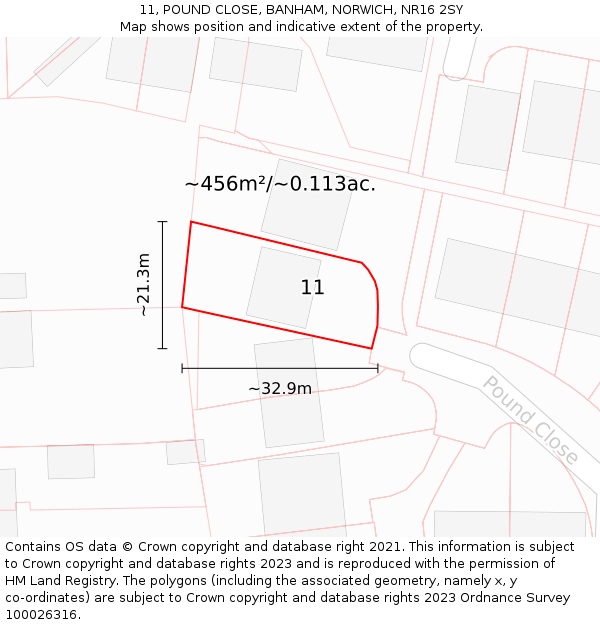 11, POUND CLOSE, BANHAM, NORWICH, NR16 2SY: Plot and title map