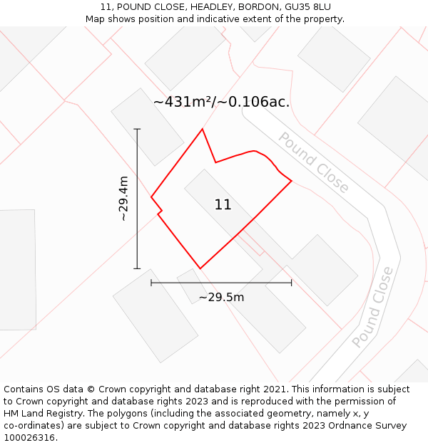 11, POUND CLOSE, HEADLEY, BORDON, GU35 8LU: Plot and title map
