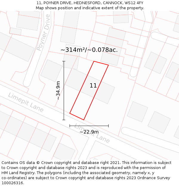 11, POYNER DRIVE, HEDNESFORD, CANNOCK, WS12 4FY: Plot and title map