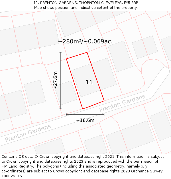 11, PRENTON GARDENS, THORNTON-CLEVELEYS, FY5 3RR: Plot and title map