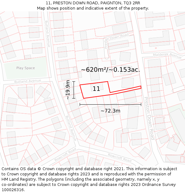 11, PRESTON DOWN ROAD, PAIGNTON, TQ3 2RR: Plot and title map