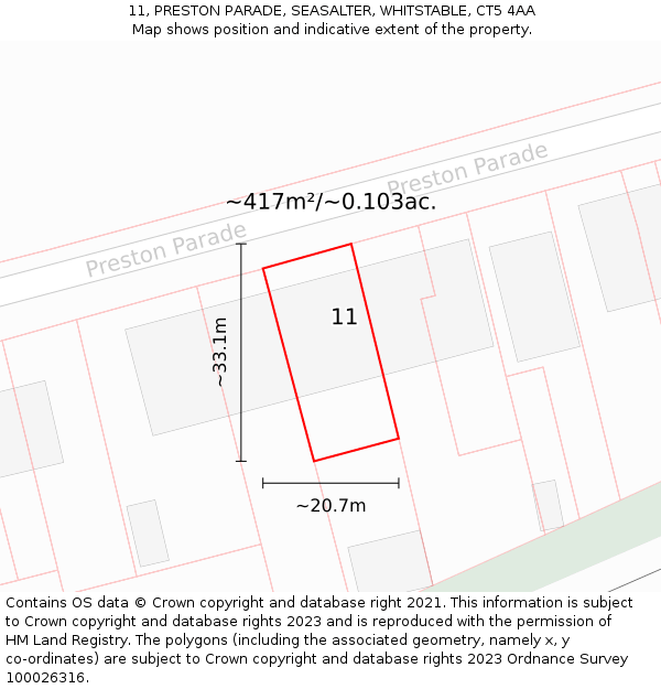 11, PRESTON PARADE, SEASALTER, WHITSTABLE, CT5 4AA: Plot and title map
