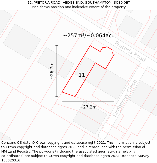 11, PRETORIA ROAD, HEDGE END, SOUTHAMPTON, SO30 0BT: Plot and title map