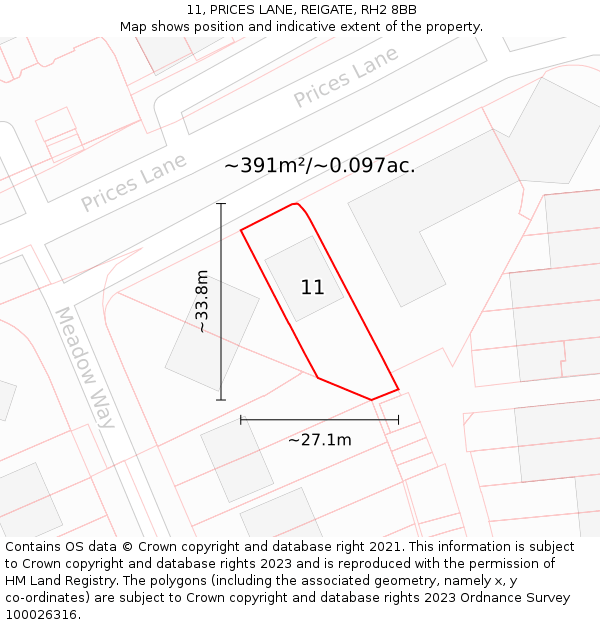 11, PRICES LANE, REIGATE, RH2 8BB: Plot and title map