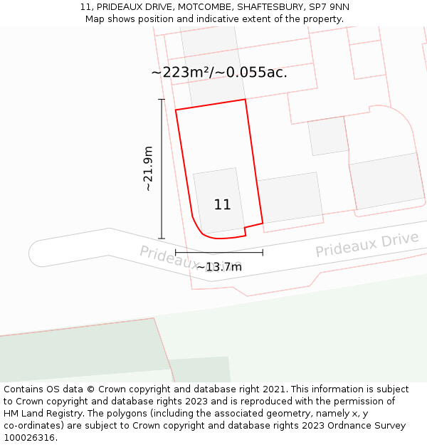 11, PRIDEAUX DRIVE, MOTCOMBE, SHAFTESBURY, SP7 9NN: Plot and title map