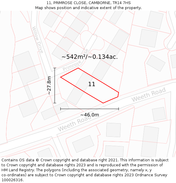 11, PRIMROSE CLOSE, CAMBORNE, TR14 7HS: Plot and title map
