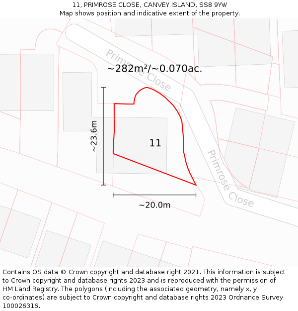 11, PRIMROSE CLOSE, CANVEY ISLAND, SS8 9YW: Plot and title map