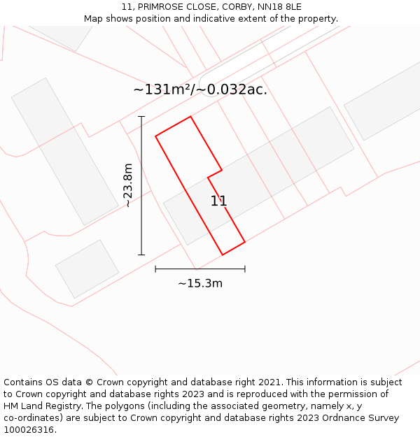 11, PRIMROSE CLOSE, CORBY, NN18 8LE: Plot and title map