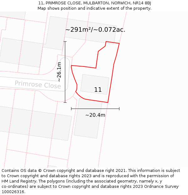 11, PRIMROSE CLOSE, MULBARTON, NORWICH, NR14 8BJ: Plot and title map