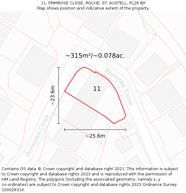 11, PRIMROSE CLOSE, ROCHE, ST. AUSTELL, PL26 8JY: Plot and title map