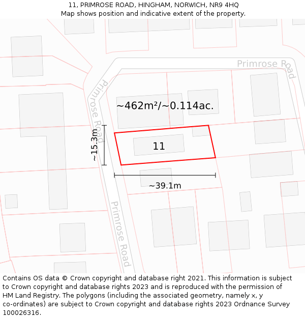 11, PRIMROSE ROAD, HINGHAM, NORWICH, NR9 4HQ: Plot and title map