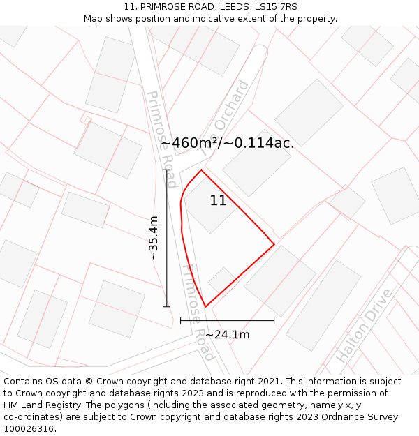 11, PRIMROSE ROAD, LEEDS, LS15 7RS: Plot and title map