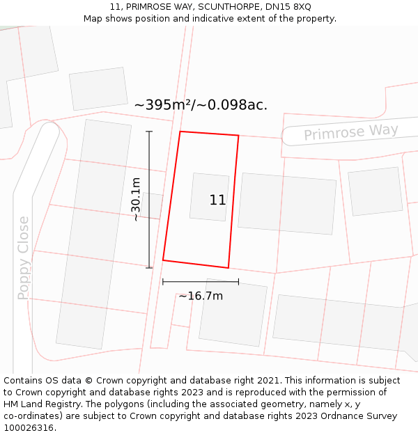 11, PRIMROSE WAY, SCUNTHORPE, DN15 8XQ: Plot and title map