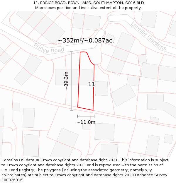 11, PRINCE ROAD, ROWNHAMS, SOUTHAMPTON, SO16 8LD: Plot and title map