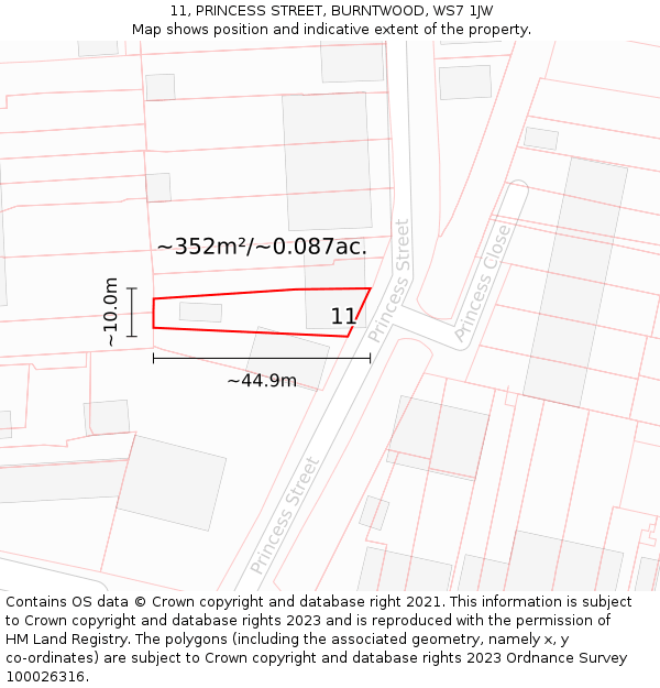 11, PRINCESS STREET, BURNTWOOD, WS7 1JW: Plot and title map