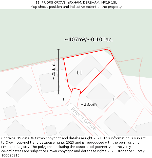 11, PRIORS GROVE, YAXHAM, DEREHAM, NR19 1SL: Plot and title map