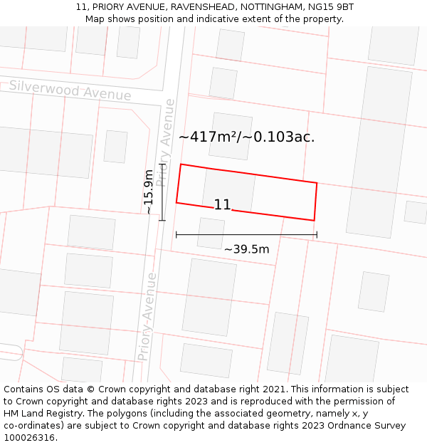 11, PRIORY AVENUE, RAVENSHEAD, NOTTINGHAM, NG15 9BT: Plot and title map
