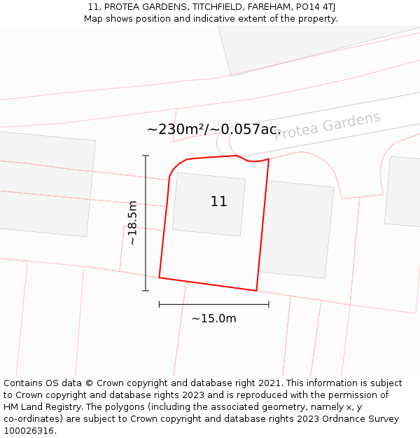 11, PROTEA GARDENS, TITCHFIELD, FAREHAM, PO14 4TJ: Plot and title map