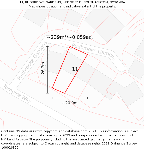 11, PUDBROOKE GARDENS, HEDGE END, SOUTHAMPTON, SO30 4RA: Plot and title map