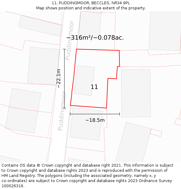 11, PUDDINGMOOR, BECCLES, NR34 9PL: Plot and title map