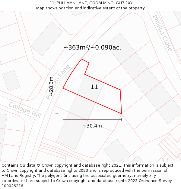 11, PULLMAN LANE, GODALMING, GU7 1XY: Plot and title map