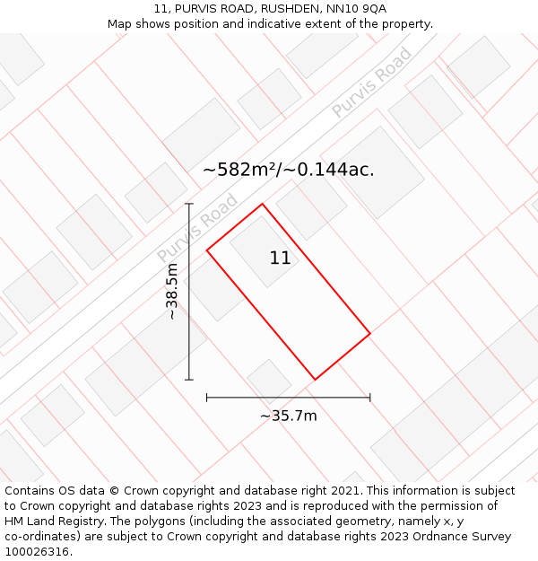 11, PURVIS ROAD, RUSHDEN, NN10 9QA: Plot and title map