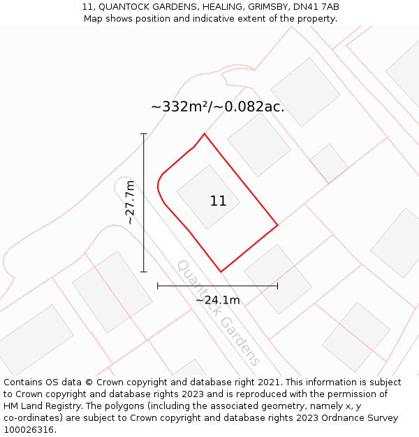11, QUANTOCK GARDENS, HEALING, GRIMSBY, DN41 7AB: Plot and title map