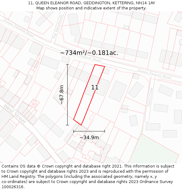 11, QUEEN ELEANOR ROAD, GEDDINGTON, KETTERING, NN14 1AY: Plot and title map