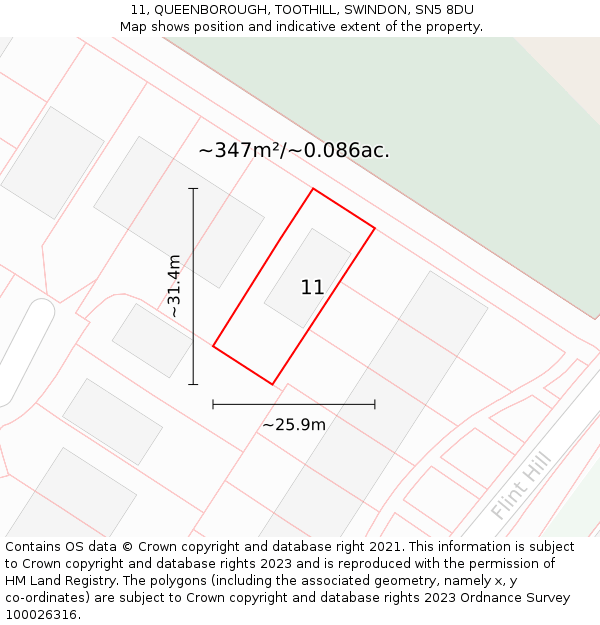 11, QUEENBOROUGH, TOOTHILL, SWINDON, SN5 8DU: Plot and title map