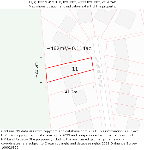 11, QUEENS AVENUE, BYFLEET, WEST BYFLEET, KT14 7AD: Plot and title map