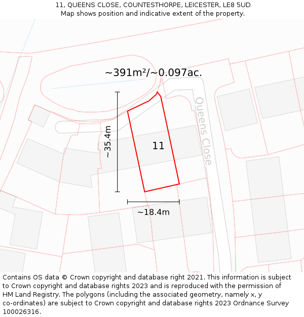 11, QUEENS CLOSE, COUNTESTHORPE, LEICESTER, LE8 5UD: Plot and title map