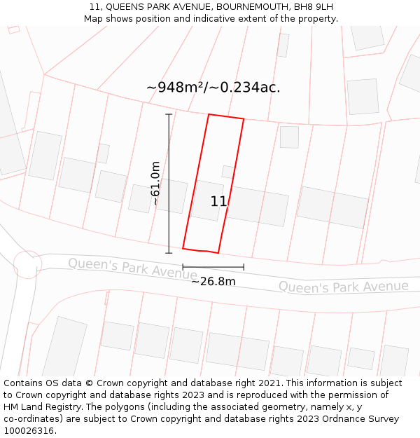 11, QUEENS PARK AVENUE, BOURNEMOUTH, BH8 9LH: Plot and title map