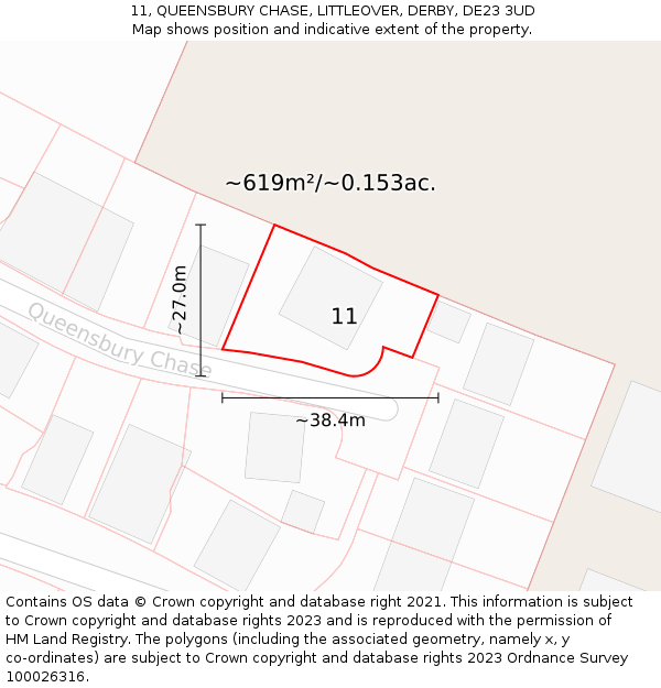 11, QUEENSBURY CHASE, LITTLEOVER, DERBY, DE23 3UD: Plot and title map
