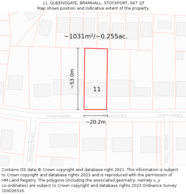 11, QUEENSGATE, BRAMHALL, STOCKPORT, SK7 1JT: Plot and title map