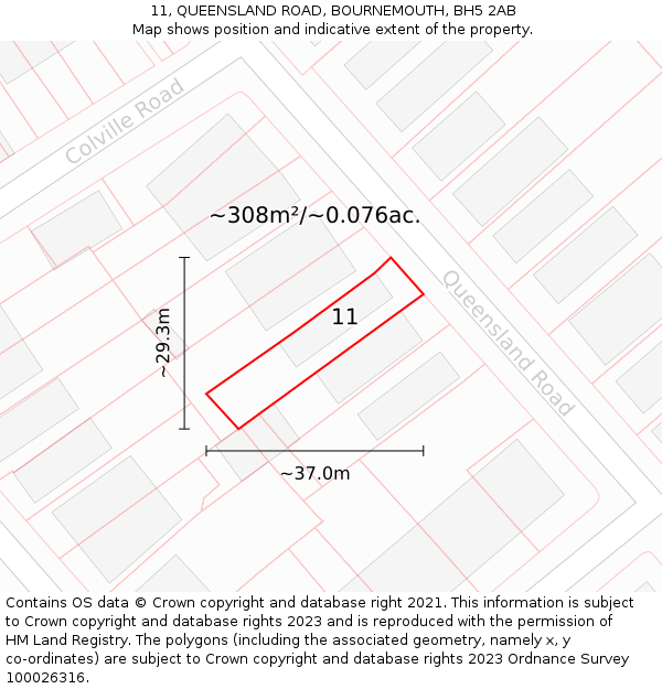 11, QUEENSLAND ROAD, BOURNEMOUTH, BH5 2AB: Plot and title map