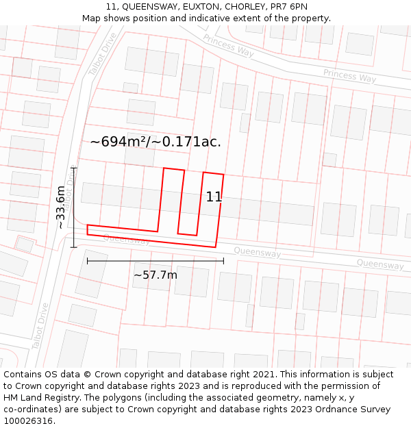11, QUEENSWAY, EUXTON, CHORLEY, PR7 6PN: Plot and title map