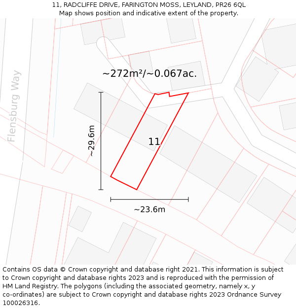 11, RADCLIFFE DRIVE, FARINGTON MOSS, LEYLAND, PR26 6QL: Plot and title map