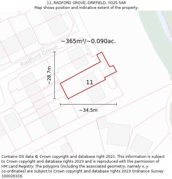 11, RADFORD GROVE, DRIFFIELD, YO25 5AR: Plot and title map