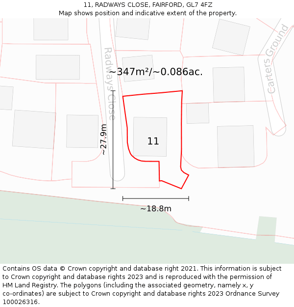 11, RADWAYS CLOSE, FAIRFORD, GL7 4FZ: Plot and title map