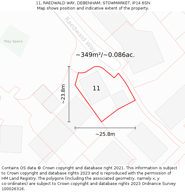 11, RAEDWALD WAY, DEBENHAM, STOWMARKET, IP14 6SN: Plot and title map