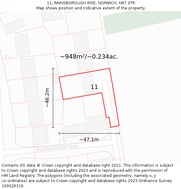 11, RAINSBOROUGH RISE, NORWICH, NR7 0TR: Plot and title map