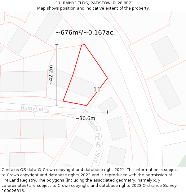 11, RAINYFIELDS, PADSTOW, PL28 8EZ: Plot and title map