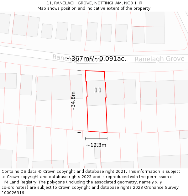 11, RANELAGH GROVE, NOTTINGHAM, NG8 1HR: Plot and title map
