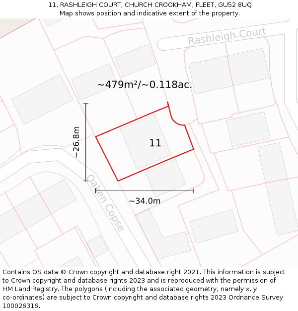 11, RASHLEIGH COURT, CHURCH CROOKHAM, FLEET, GU52 8UQ: Plot and title map