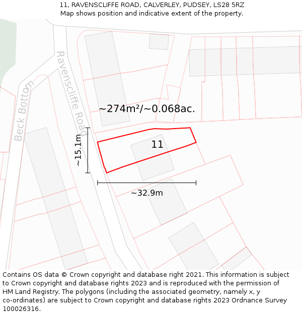 11, RAVENSCLIFFE ROAD, CALVERLEY, PUDSEY, LS28 5RZ: Plot and title map