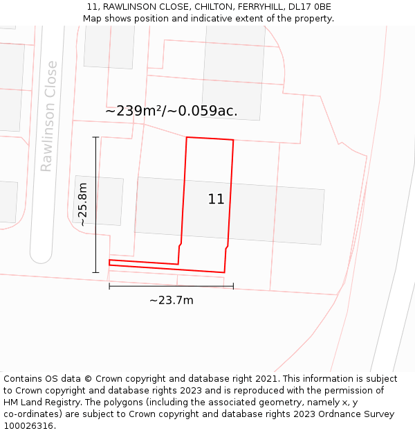 11, RAWLINSON CLOSE, CHILTON, FERRYHILL, DL17 0BE: Plot and title map