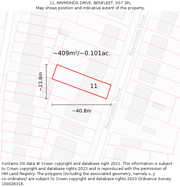 11, RAYMONDS DRIVE, BENFLEET, SS7 3PL: Plot and title map