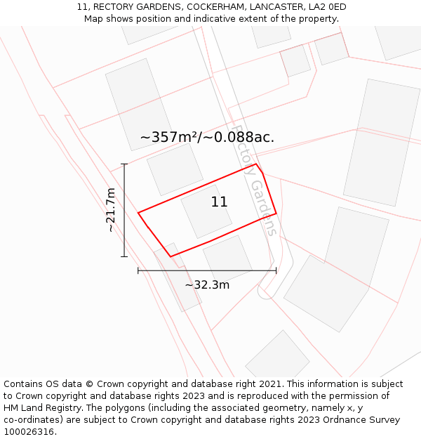 11, RECTORY GARDENS, COCKERHAM, LANCASTER, LA2 0ED: Plot and title map