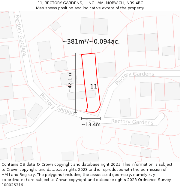11, RECTORY GARDENS, HINGHAM, NORWICH, NR9 4RG: Plot and title map
