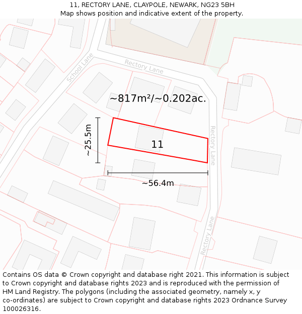11, RECTORY LANE, CLAYPOLE, NEWARK, NG23 5BH: Plot and title map